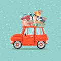 Retro red car with xmas pine tree on roof and gift boxes on blue background.